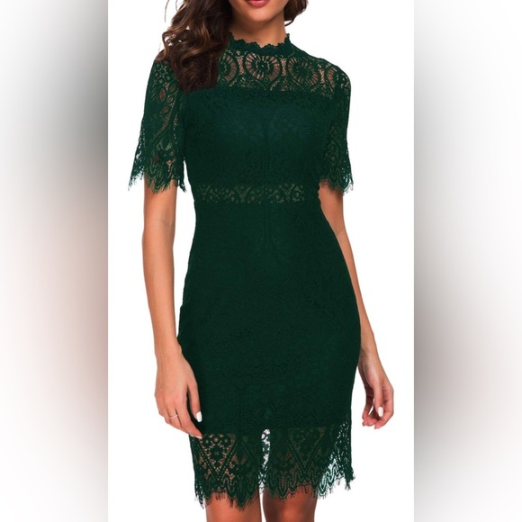 Ryan Michelle Dresses & Skirts - Dark Green Elegant High Neck Short Sleeves Lace Cocktail Party Dress Size S